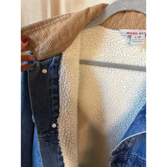 Mens Denim Jacket Corduroy Collar Sherpa‎ Lined L/G Large Blue Jean Heavy